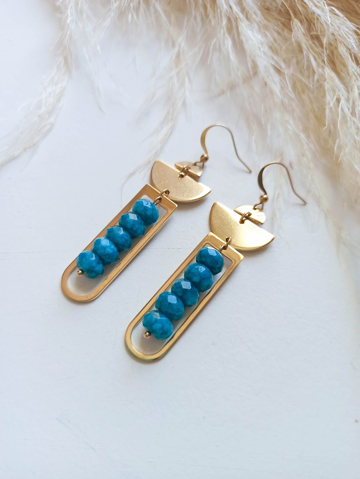 Boucles d'Oreilles Laiton Néphrite Bleu