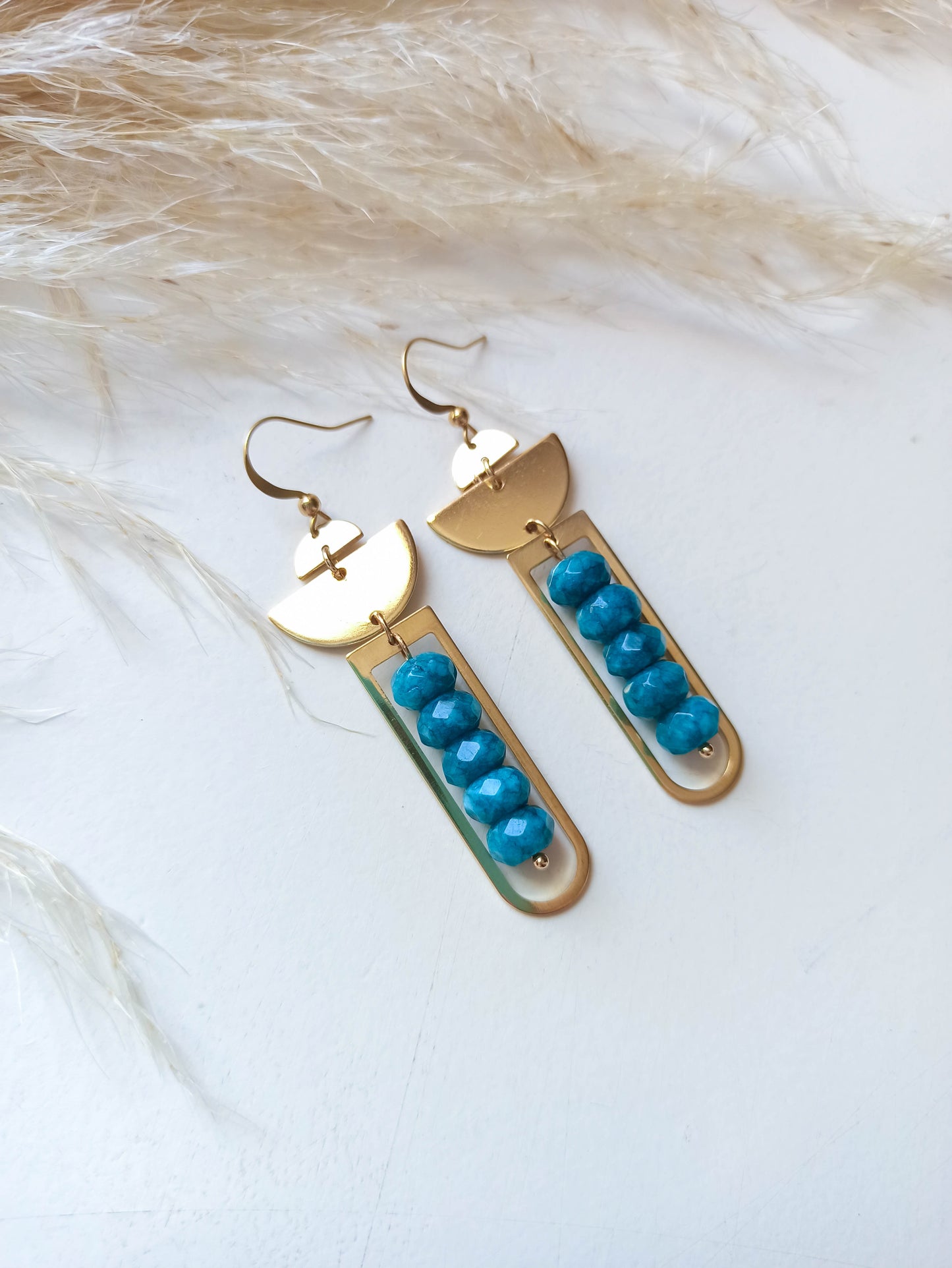 Boucles d'Oreilles Laiton Néphrite Bleu