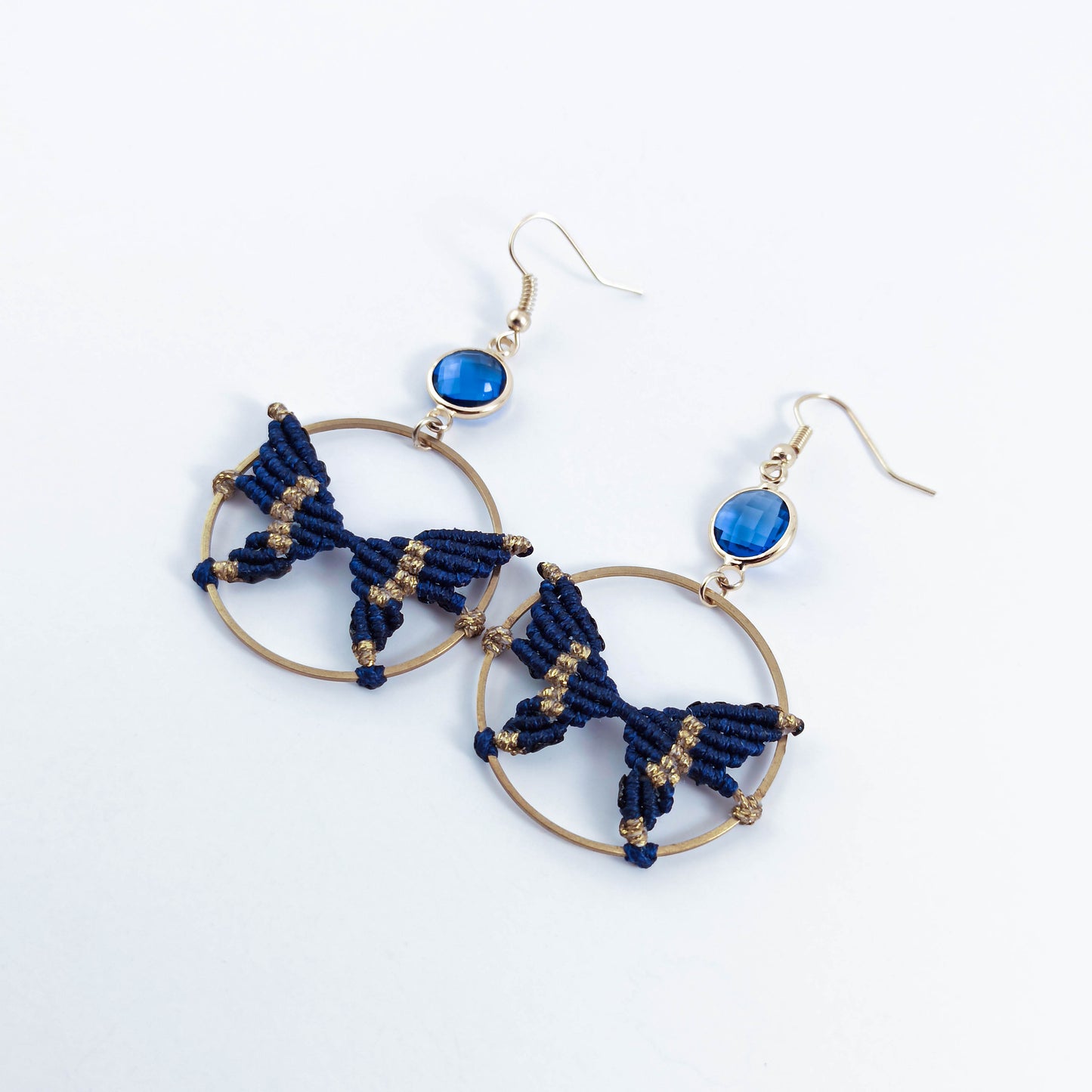 Dark Blue Macrame Butterfly Brass Hoop Earrings