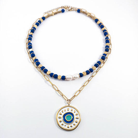 Double Necklace with Natural Gemstones in Blue Electric Color