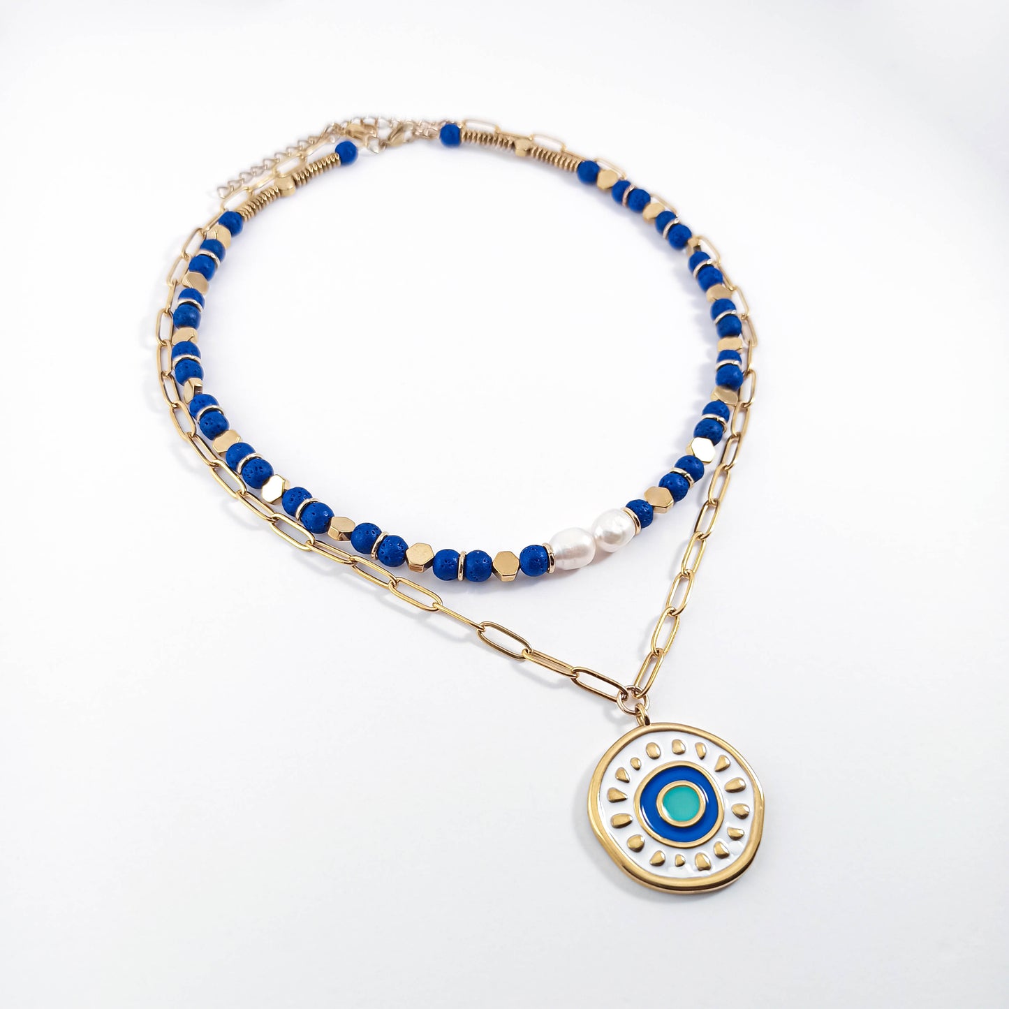 Collier double avec pierres précieuses naturelles de couleur bleu électrique