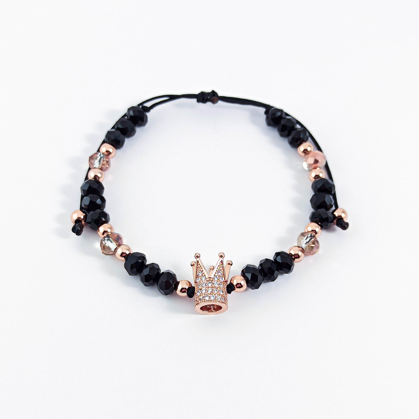 Crown Bracelet with Black and Rose Gold Beads