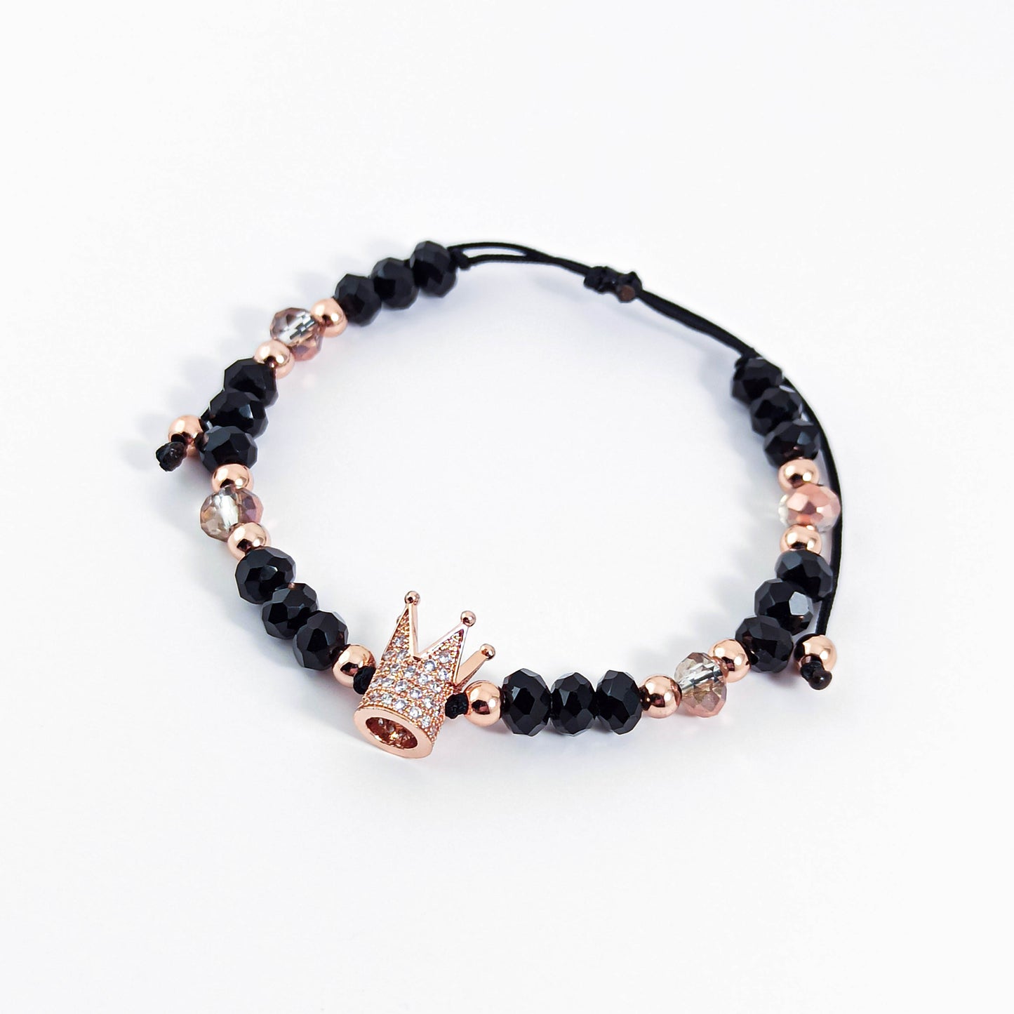 Crown Bracelet with Black and Rose Gold Beads