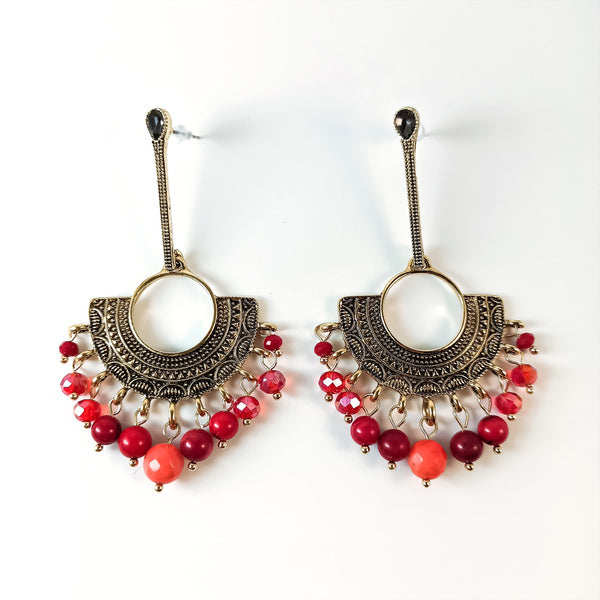 Boucles d'Oreilles Ethnique en Laiton avec Perles de Pierres Précieuses Orange