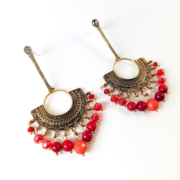 Boucles d'Oreilles Ethnique en Laiton avec Perles de Pierres Précieuses Orange