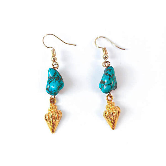 Boho Small Earrings with Turquoise Beads and Gold Plated Seashells