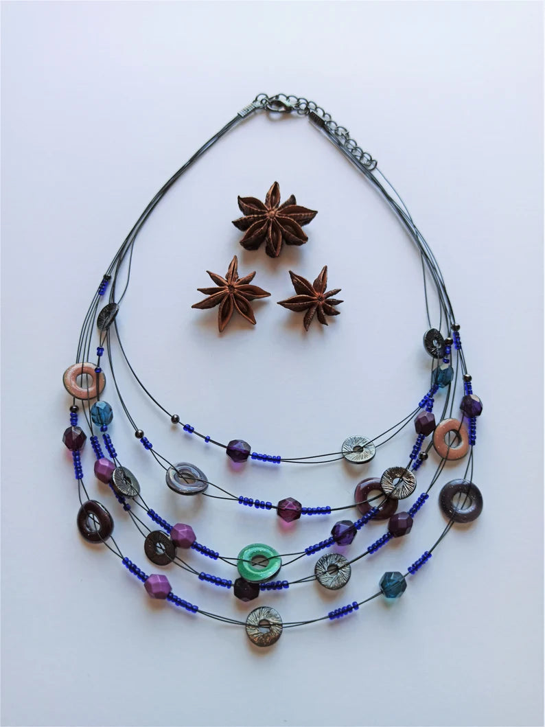 Unique Beaded Necklace with Electric Blue Purple Tones