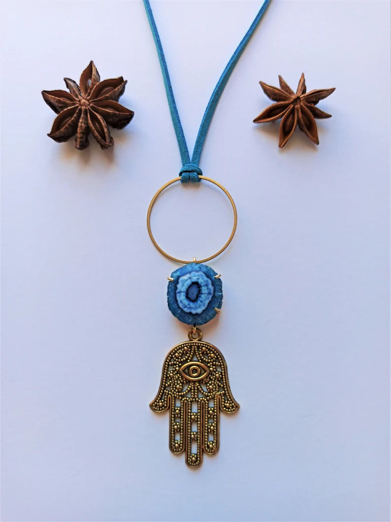 Blue Quartz Hamsa Hand Necklace