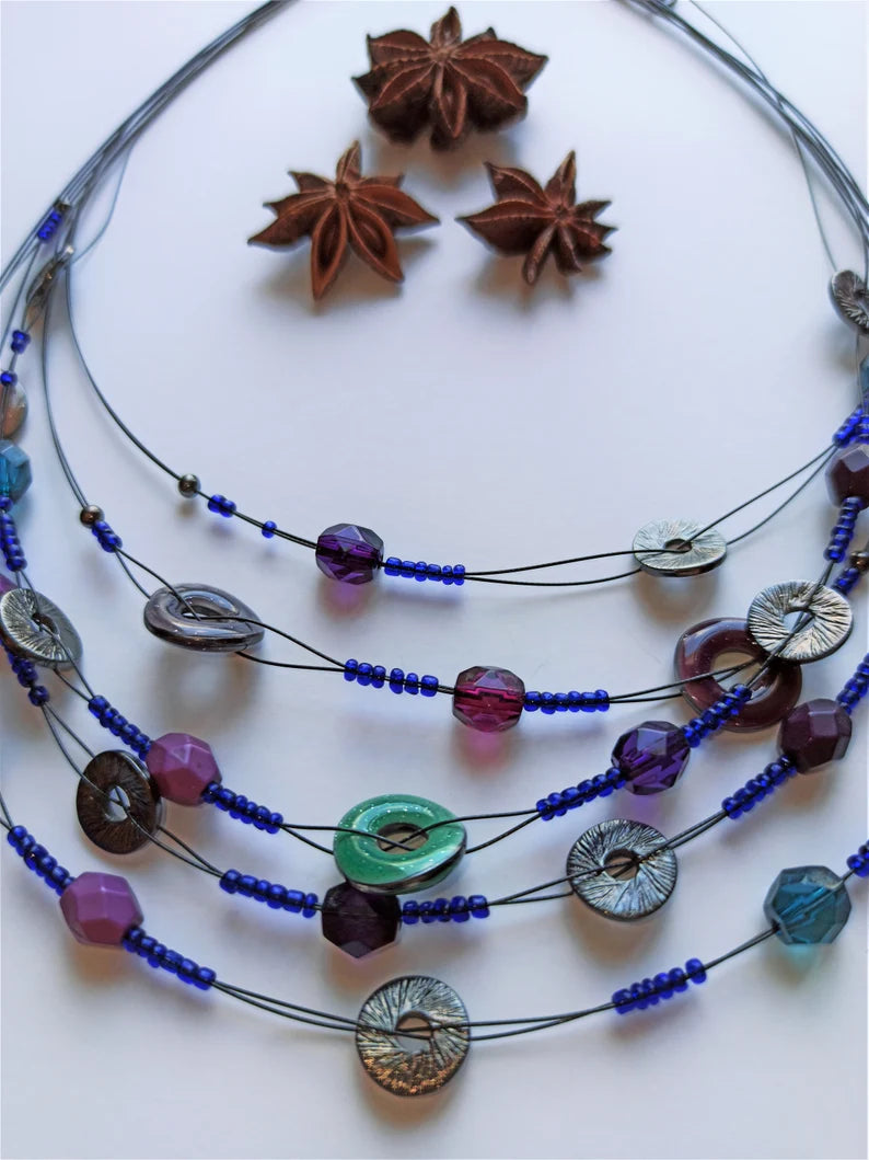 Unique Beaded Necklace with Electric Blue Purple Tones