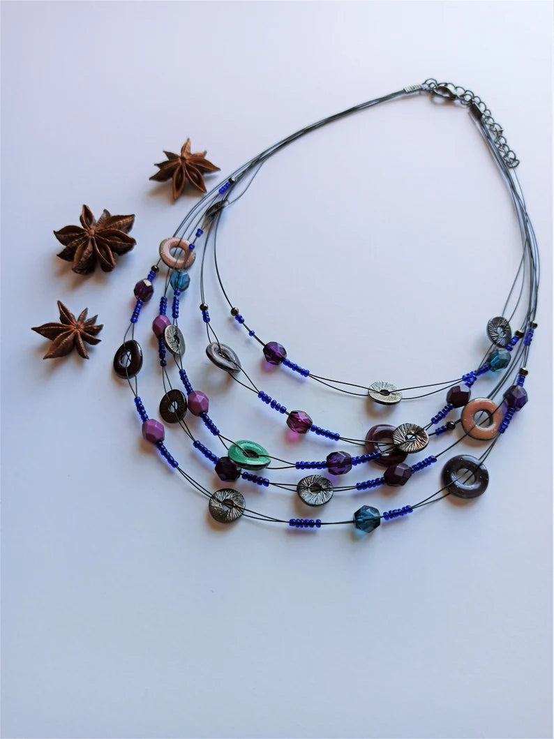 Unique Beaded Necklace with Electric Blue Purple Tones