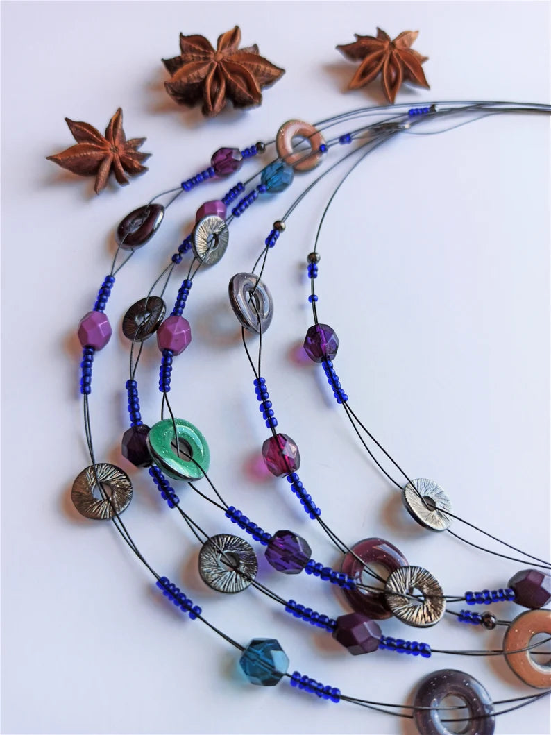 Unique Beaded Necklace with Electric Blue Purple Tones