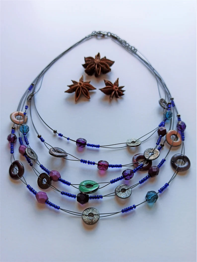 Unique Beaded Necklace with Electric Blue Purple Tones