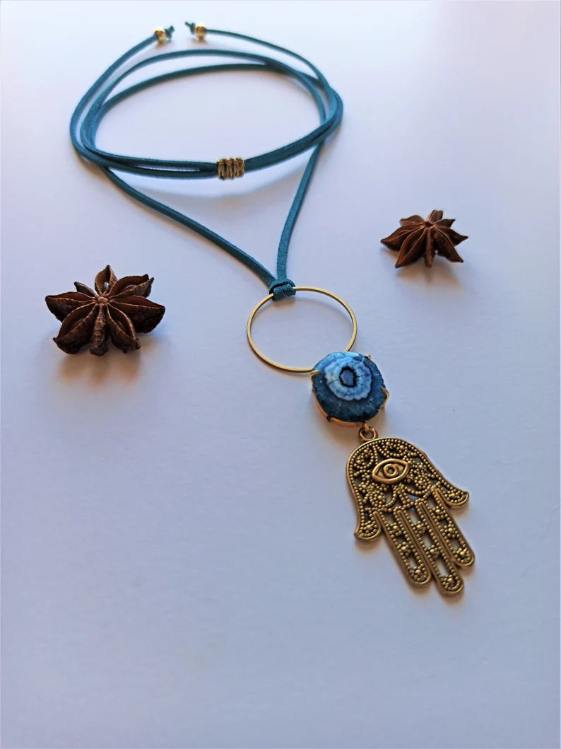 Blue Quartz Hamsa Hand Necklace