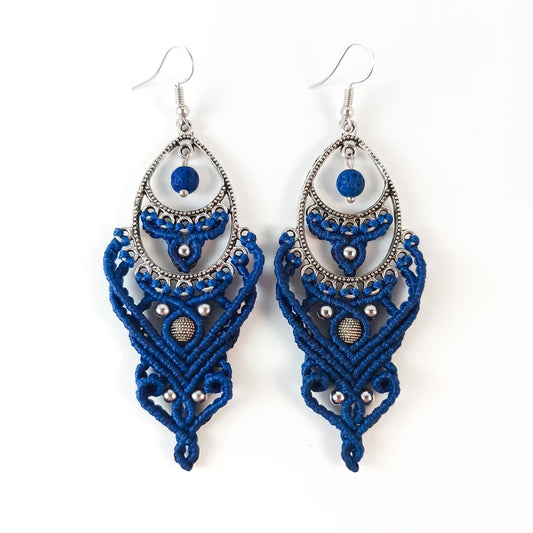 Boho Macrame Earrings – Handmade Blue Statement Dangle Earrings
