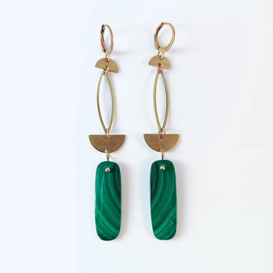 Malachite Brass Geometric Earrings