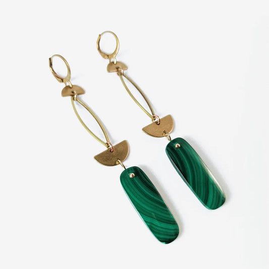 Malachite Brass Geometric Earrings